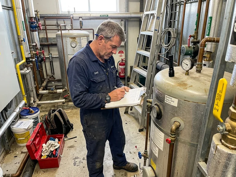 Maintenance technician recording compliance readings on a Perth hot water system