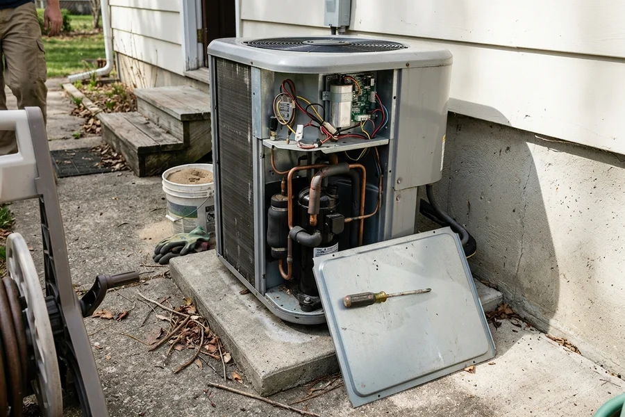 Close-up of a heat pump compressor and fan