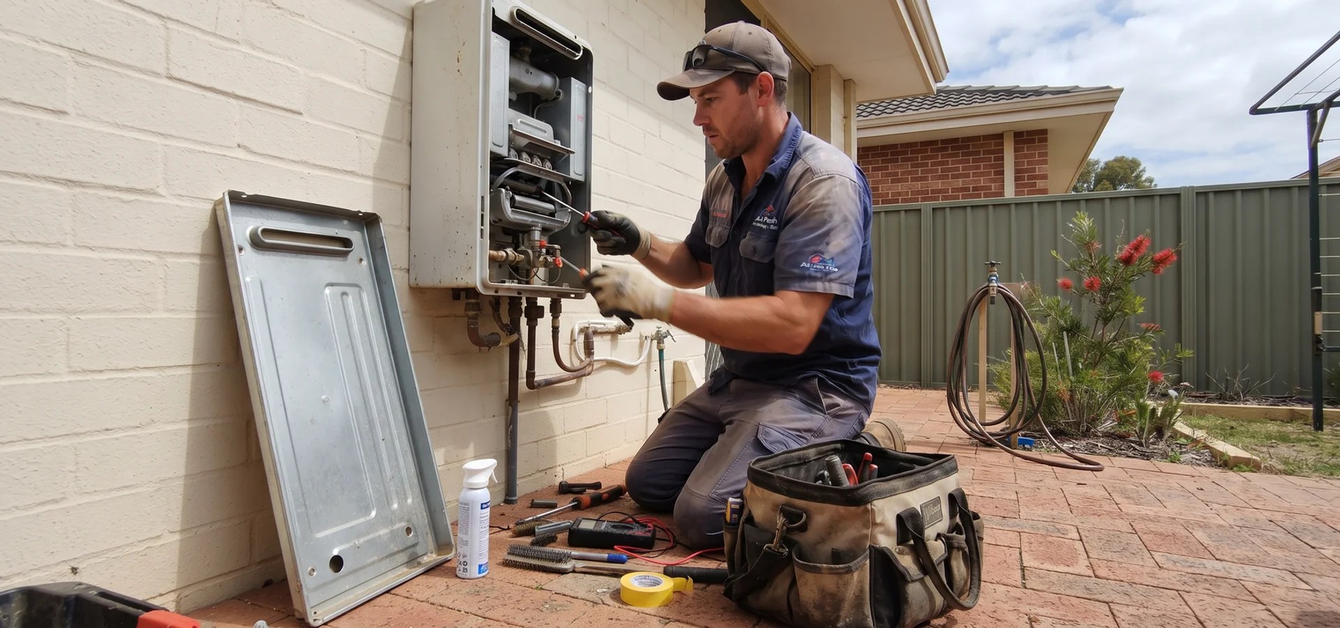Licensed gas fitter servicing a continuous flow gas hot water unit in Perth